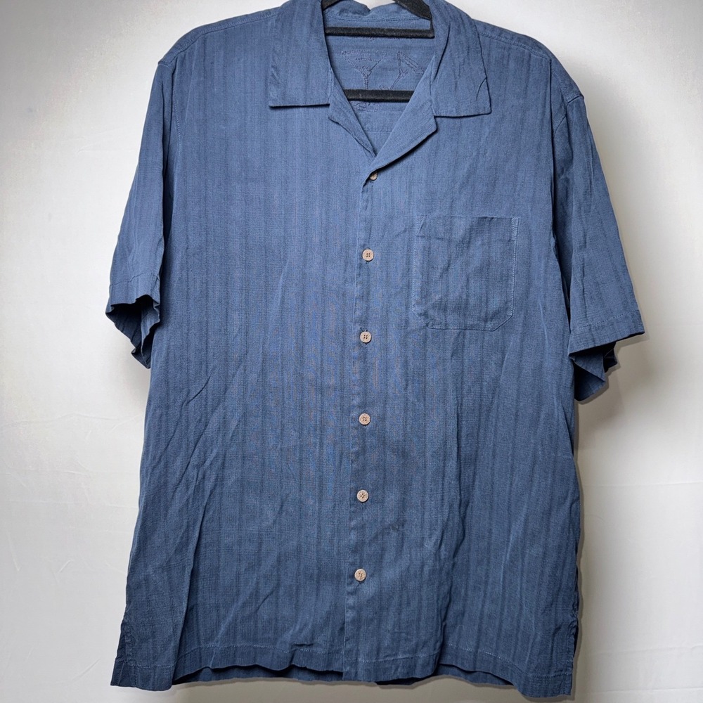 Tommy Bahama Mens Blue 100% Silk Short Sleeve Textured Camp Shirt Martini Size M
